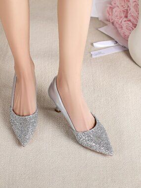 Women's Silver Kitten High Heels 2 Inch Sequin Pointed Toe Leather Pumps Shoes